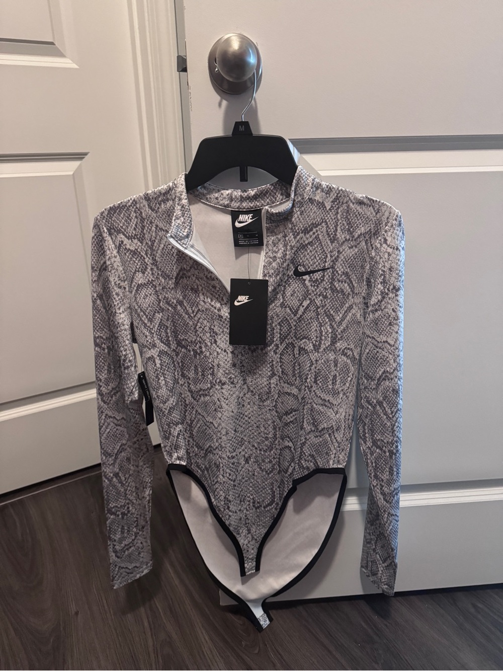 Nike Snake-Print Quarter-Zip Long Sleeve Bodysuit - Gray/Black